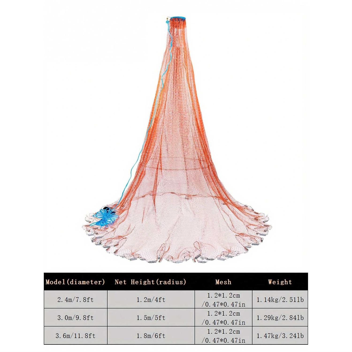 1pc Casting Net Throwing Fishing Cast Net with Heavy Duty Zinc Sinker Weights for Bait Trap Fish Tire Line Mesh Throw Casting Net 4-6ft Radius/7.8-11.6ft Diameter - Image 3