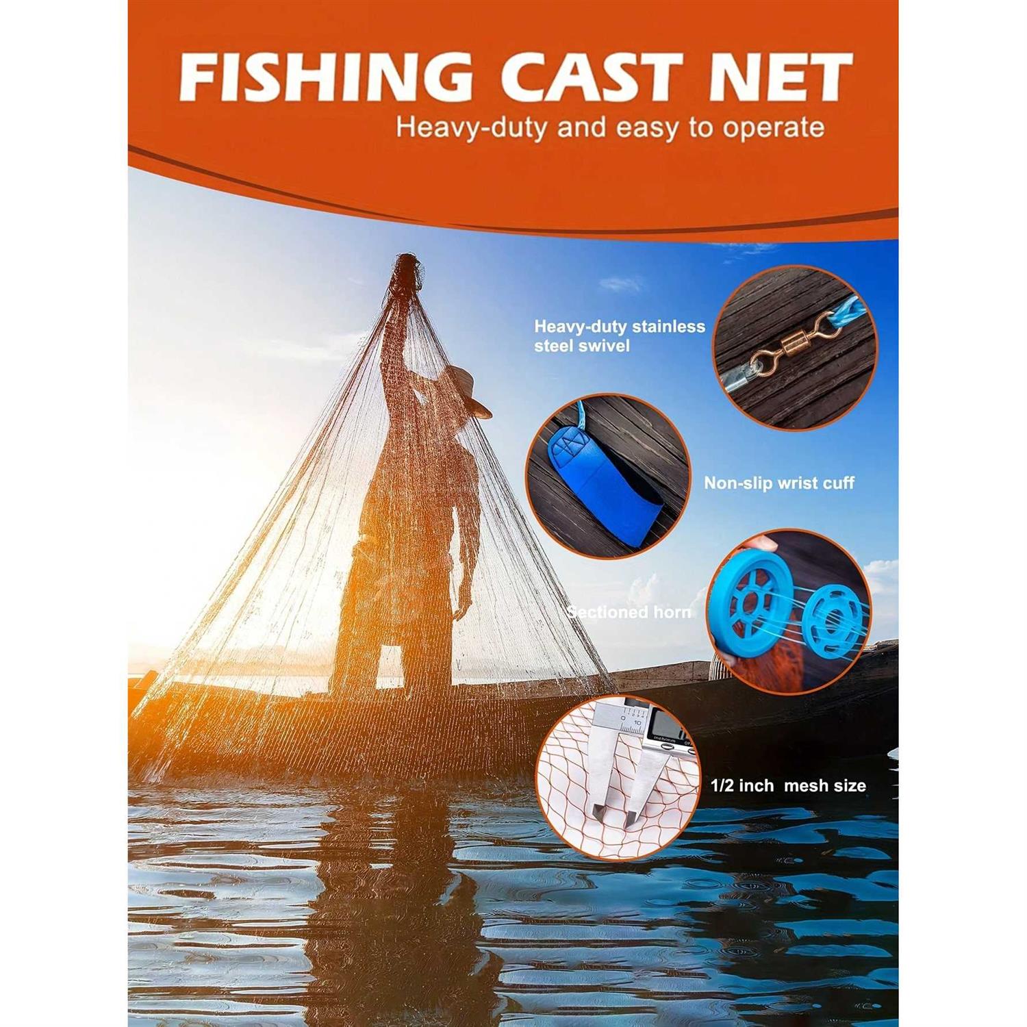 1pc Casting Net Throwing Fishing Cast Net with Heavy Duty Zinc Sinker Weights for Bait Trap Fish Tire Line Mesh Throw Casting Net 4-6ft Radius/7.8-11.6ft Diameter - Image 4