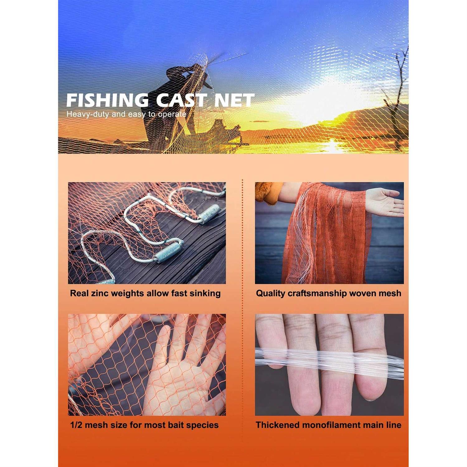 1pc Casting Net Throwing Fishing Cast Net with Heavy Duty Zinc Sinker Weights for Bait Trap Fish Tire Line Mesh Throw Casting Net 4-6ft Radius/7.8-11.6ft Diameter - Image 5
