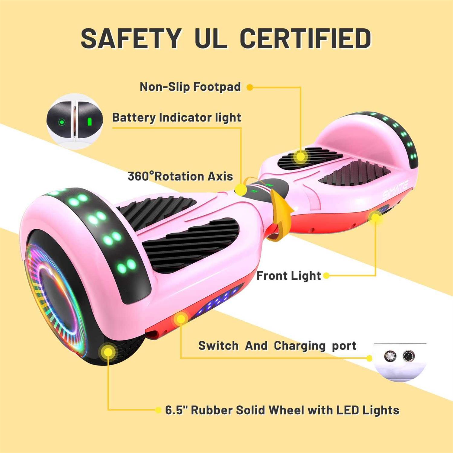 SIMATE 6.5 Hoverboard with Bluetooth & LED Lights Self Balancing Hover Boards for Kids & Adults & Girls & Boys - Image 5