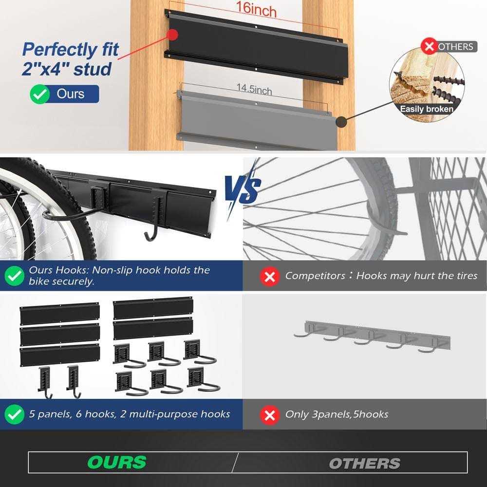 2 in. x 4 in. Garage Bike Storage Rack w/8 Hooks & 5 Broad Indoor Wall Mount Hanger for 6 Bicycles up to 300 lbs. w/Stud - Image 4