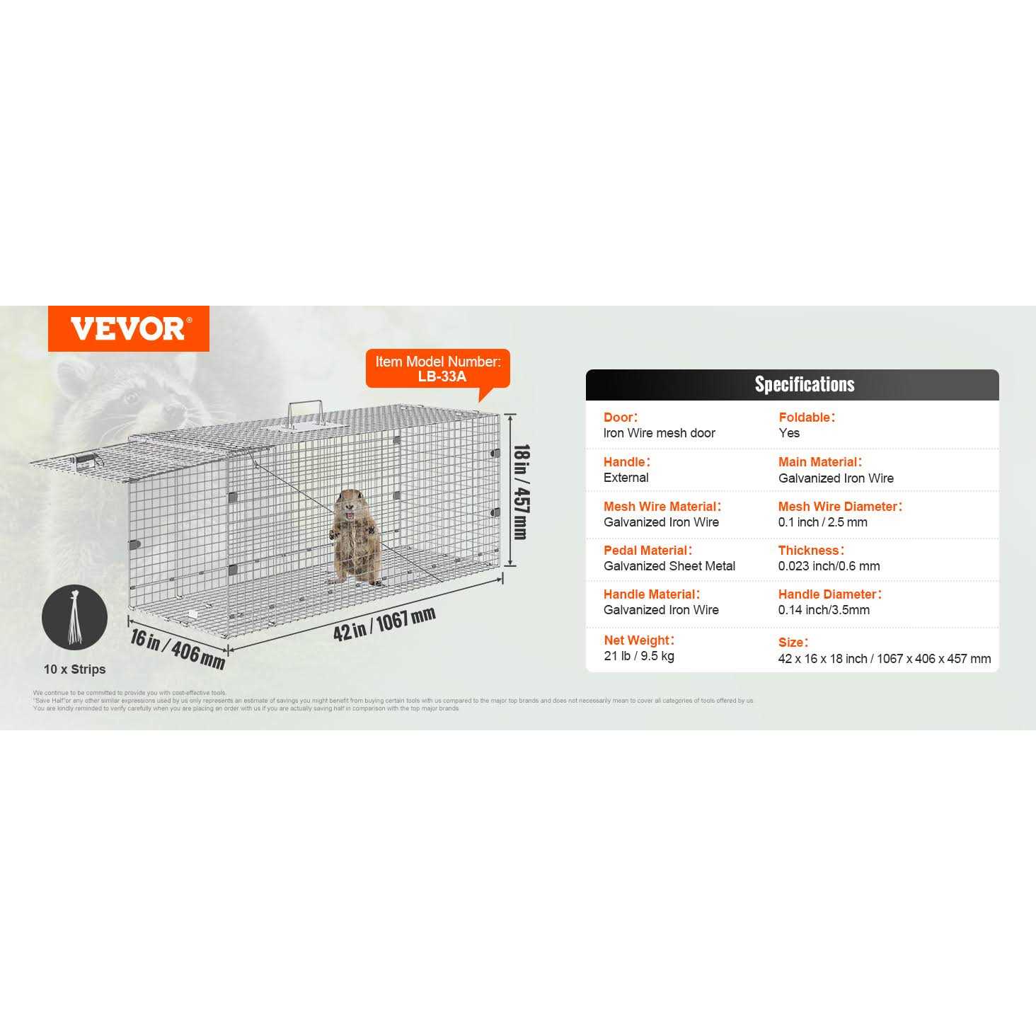 VEVOR Live Animal Cage Trap 42 x 16 x 18 Humane Cat Trap Galvanized Iron YBL42YC00000NH9IXV0 - Image 5