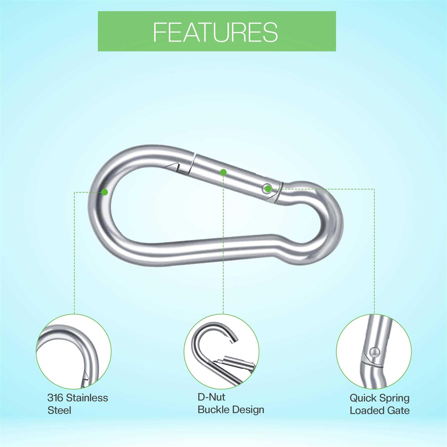 Marine Grade 316 Marked Stainless Steel Carabiner Clips, Heavy Duty Spring Snap Hooks for Gym, and Outdoor Activities - Image 5