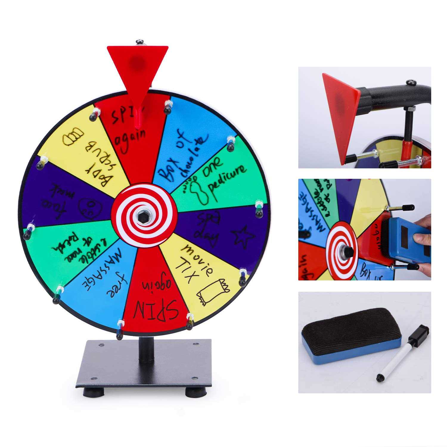 T-SIGN 12 Inch Heavy Duty Spinning Prize Wheel 10 Slots Color Tabletop Roulette Spinner of Fortune Spin The with Dry Erase Marker and Eraser Win Game - Image 4