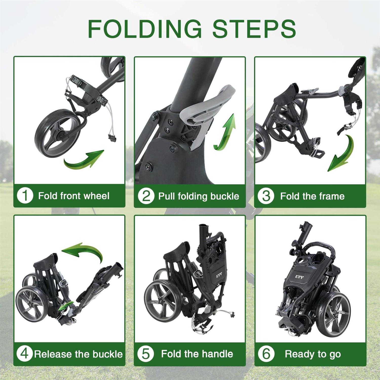 KVV 3 Wheel Foldable/Collapsible Golf Push Cart Ultra Lightweight Smallest Folding - Image 3