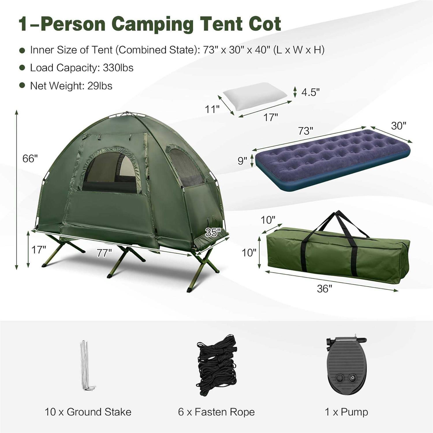 Costway 2-Person Foldable Outdoor Camping Tent Cot with Air Mattress & Sleeping Bag - Image 3
