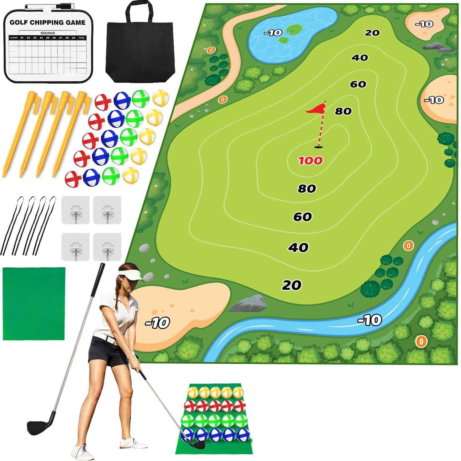 Golf Chipping Game Mat Chip Games Sticky Practice Golf Game Set for Adults Kids Indoor Outdoor Backyard Garden Party