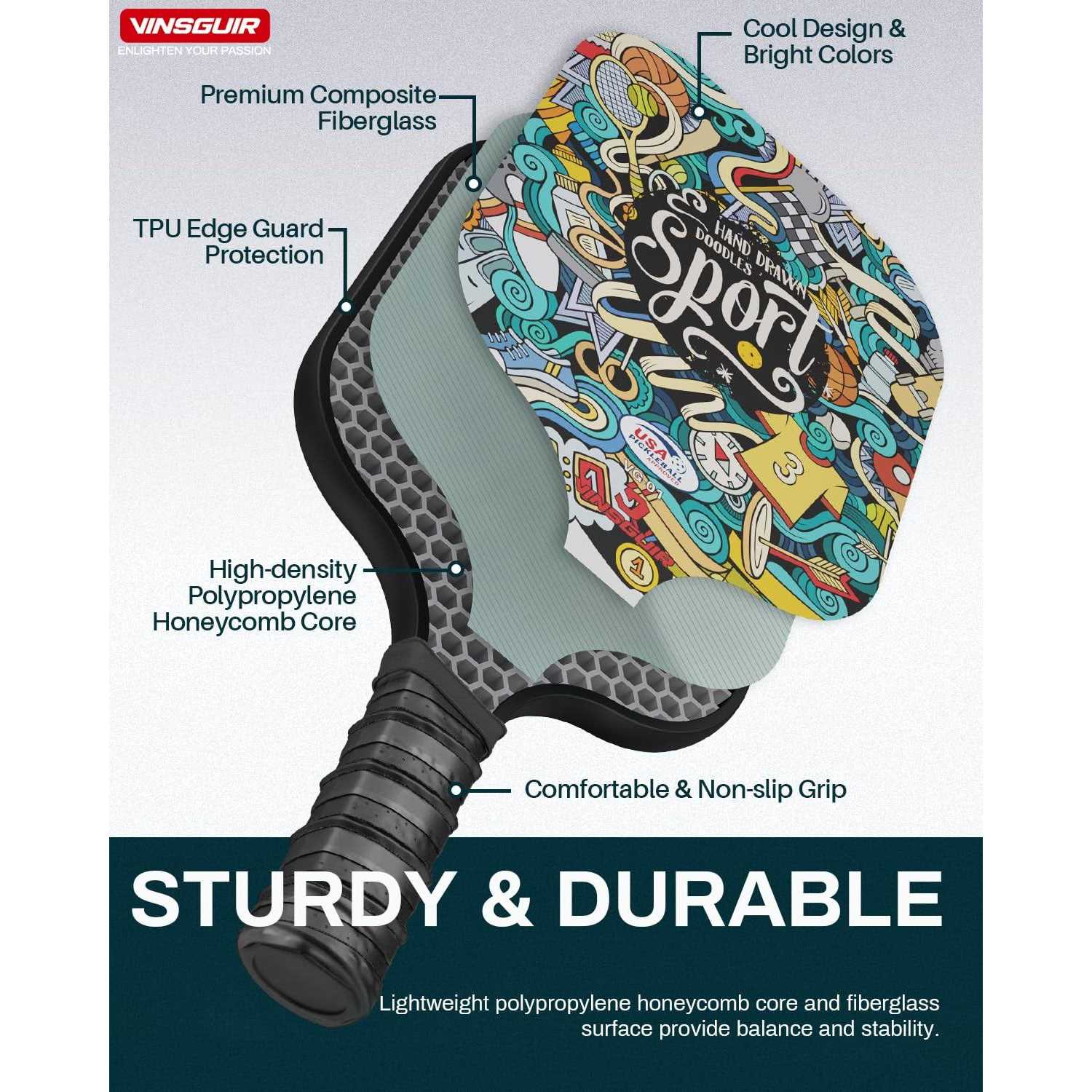 VINSGUIR Pickleball Paddles USAPA Approved Fiberglass Pickleball Set of 2 - Image 5