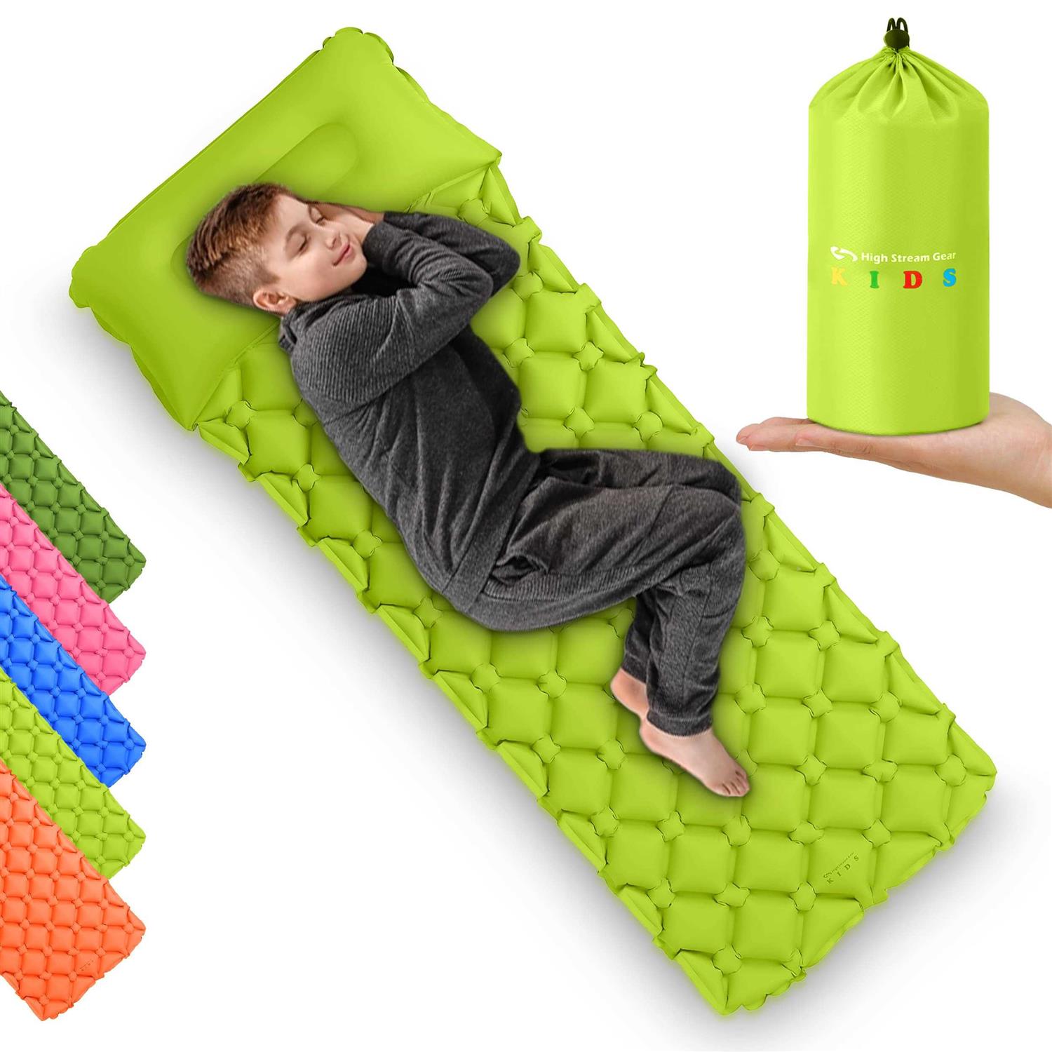 High Stream Gear Kids Sleeping Pad for Camping and Sleepovers with Pillow Inflatable Camping Mattress for Backpacking & Travel