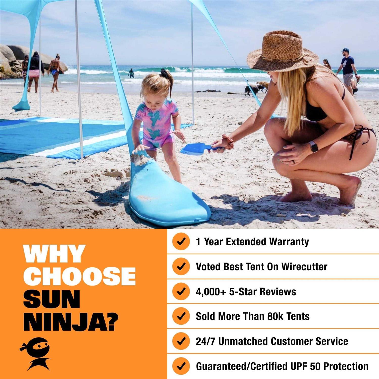 Sun Ninja Pop Up Beach Tent UPF50+ with Shovel - Image 3