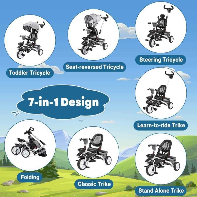 Babevy Baby Tricycle 7 in 1 Folding Toddler Bike w/Removable Adjustable Push Handle - Image 4