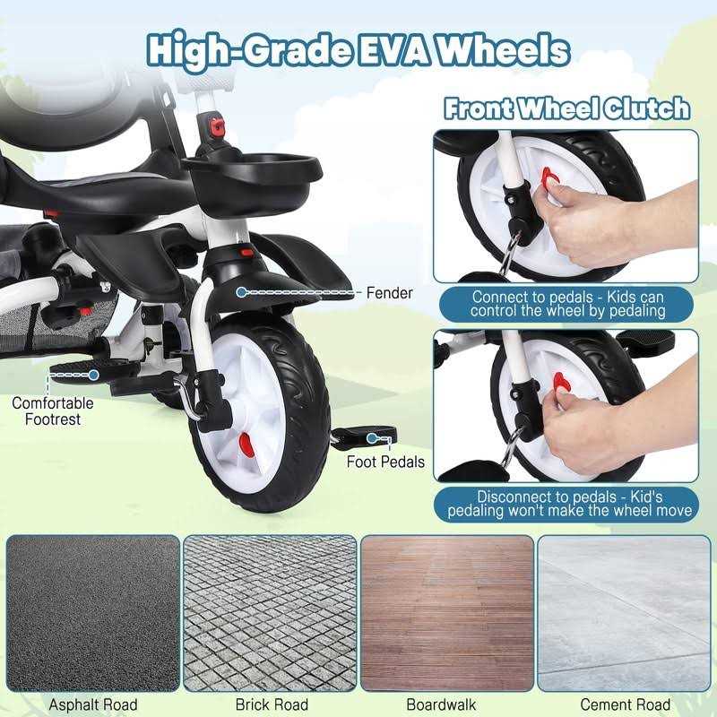 Babevy Baby Tricycle 7 in 1 Folding Toddler Bike w/Removable Adjustable Push Handle - Image 5