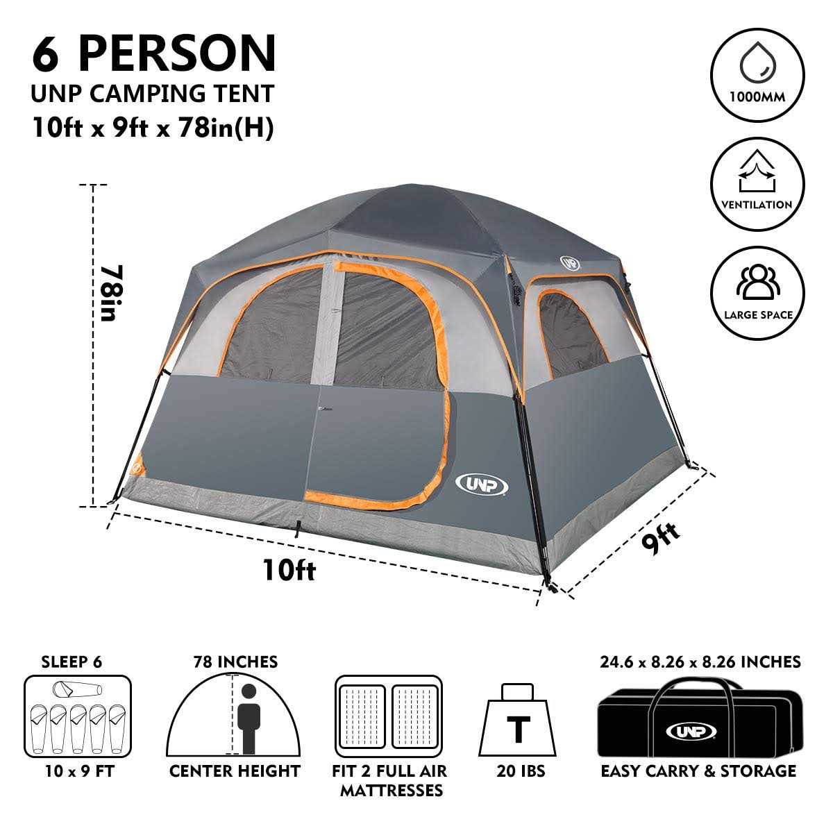 Unp Tents 6 Person Waterproof Windproof Easy Setup,Double Layer Family Camping Tent With 1 Mesh Door 5 - Image 4