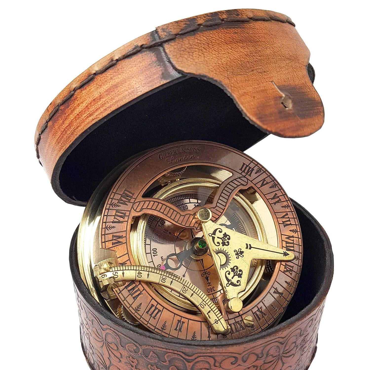 Brass Nautical Antique Brass & Copper Sundial Compass Sundial Clock in Box Gift sun Clock Ship Replica Watch