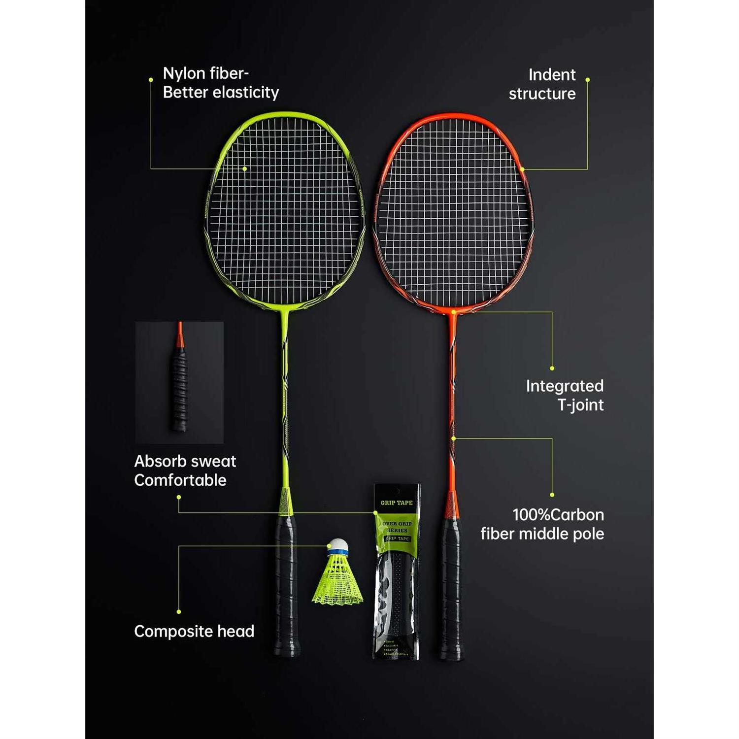WOED BATENS -2 Player Badminton Set Carbon Fiber Badminton Rackets Badminton Racquet for Backyards Gym with 3 Shuttlecocks 2 Gr - Image 5