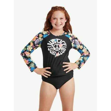 Justice Girls Long Sleeve Rashguard with Bikini Bottom 2-Piece Swimsuit
