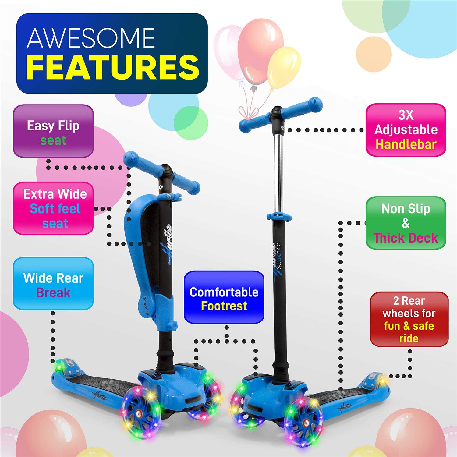Hurtle ScootKid 3 Wheel Toddler Toy Scooter LED - Image 5