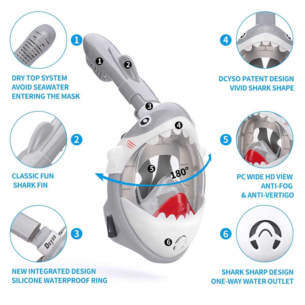 DCYSO Snorkel Mask Full Face Kids 2020 Shark Sharp Snorkeling Mask for Kid HD Seaview Anti Fog Anti Leak - Image 4