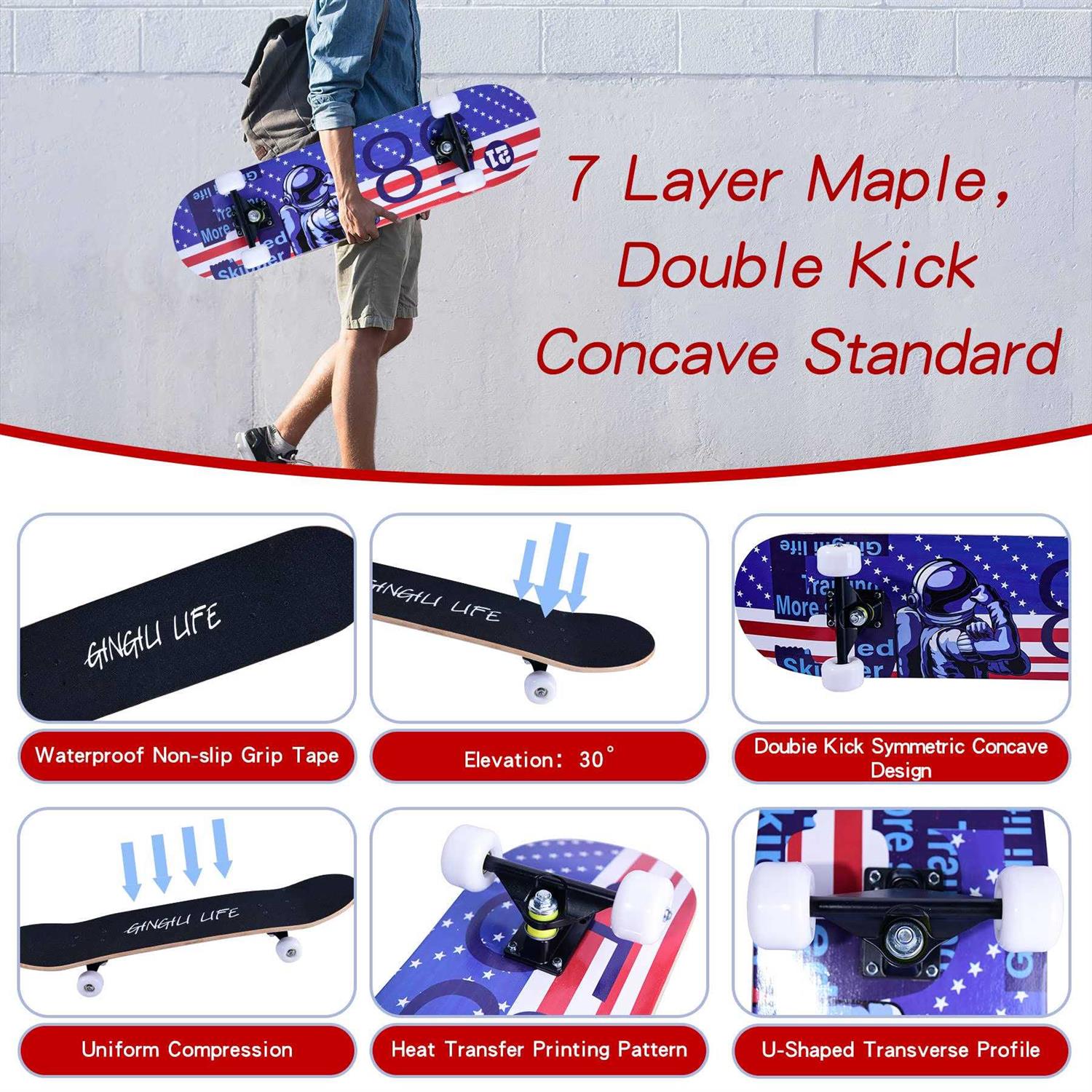 Gingili Life Skateboards for Girls Beginners Kids teens Adults women,31''x8'',7-layer - Image 5