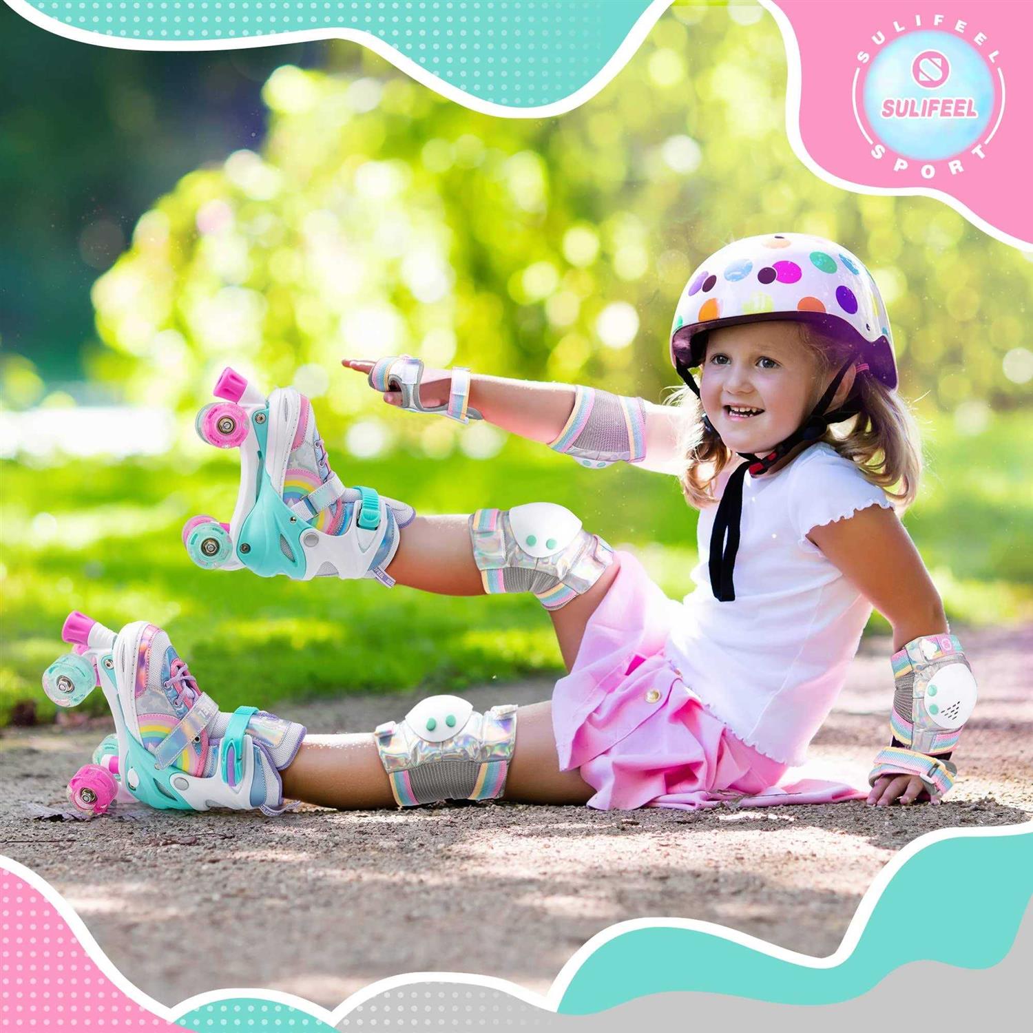 SULIFEEL Rainbow Unicorn 4 Size Adjustable Light up Roller Skates for Girls Boys for Kids - Image 3