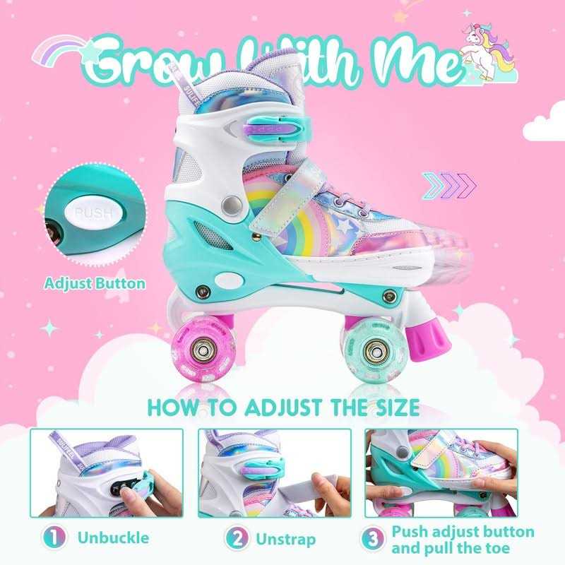 SULIFEEL Rainbow Unicorn 4 Size Adjustable Light up Roller Skates for Girls Boys for Kids - Image 5