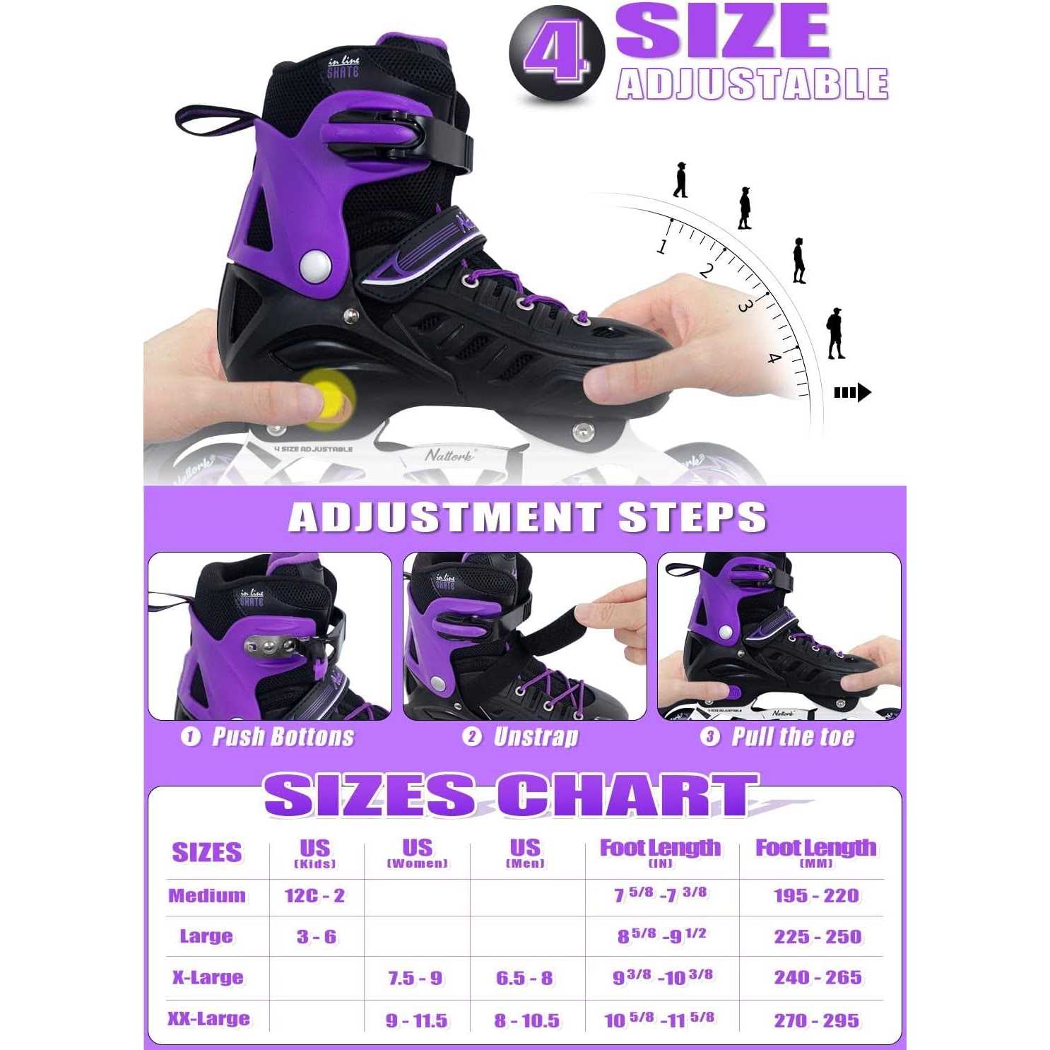 Nattork Inline Skates 4 Sizes Adjustable Blades Roller Skates with Ankle Support, Adjustable Strap Wheels and Soft - Image 3