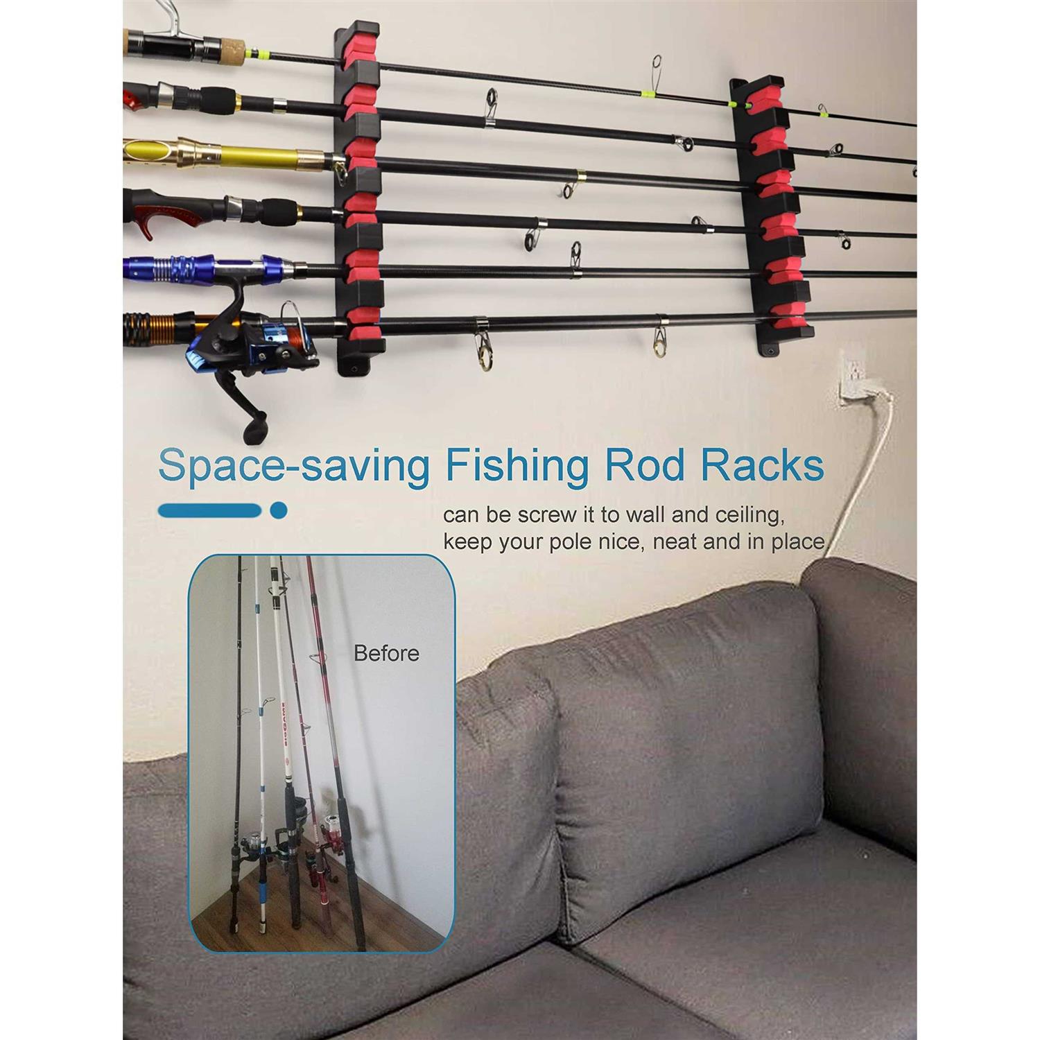 Ducurt Horizontal Fishing Rod Rack Holders Wall-mounted Fish Pole Holder for Garage Boat 6-Rod Storage Racks -1 Pair - Image 2