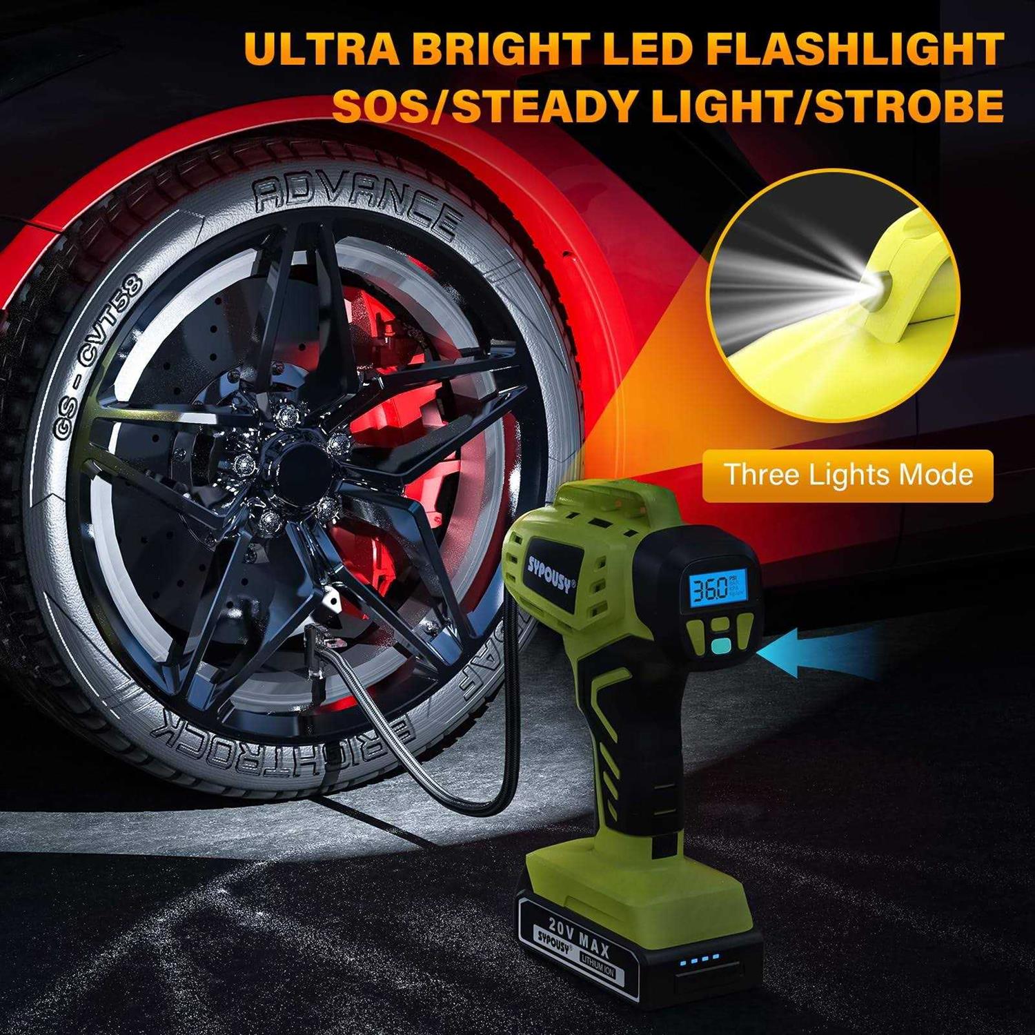 sypousy Tire Inflator Portable Air Compressor Cordless Tire Inflator Faster Tire Pump with 20V Rechargeable Battery,Dual Power Supply Modes - Image 3