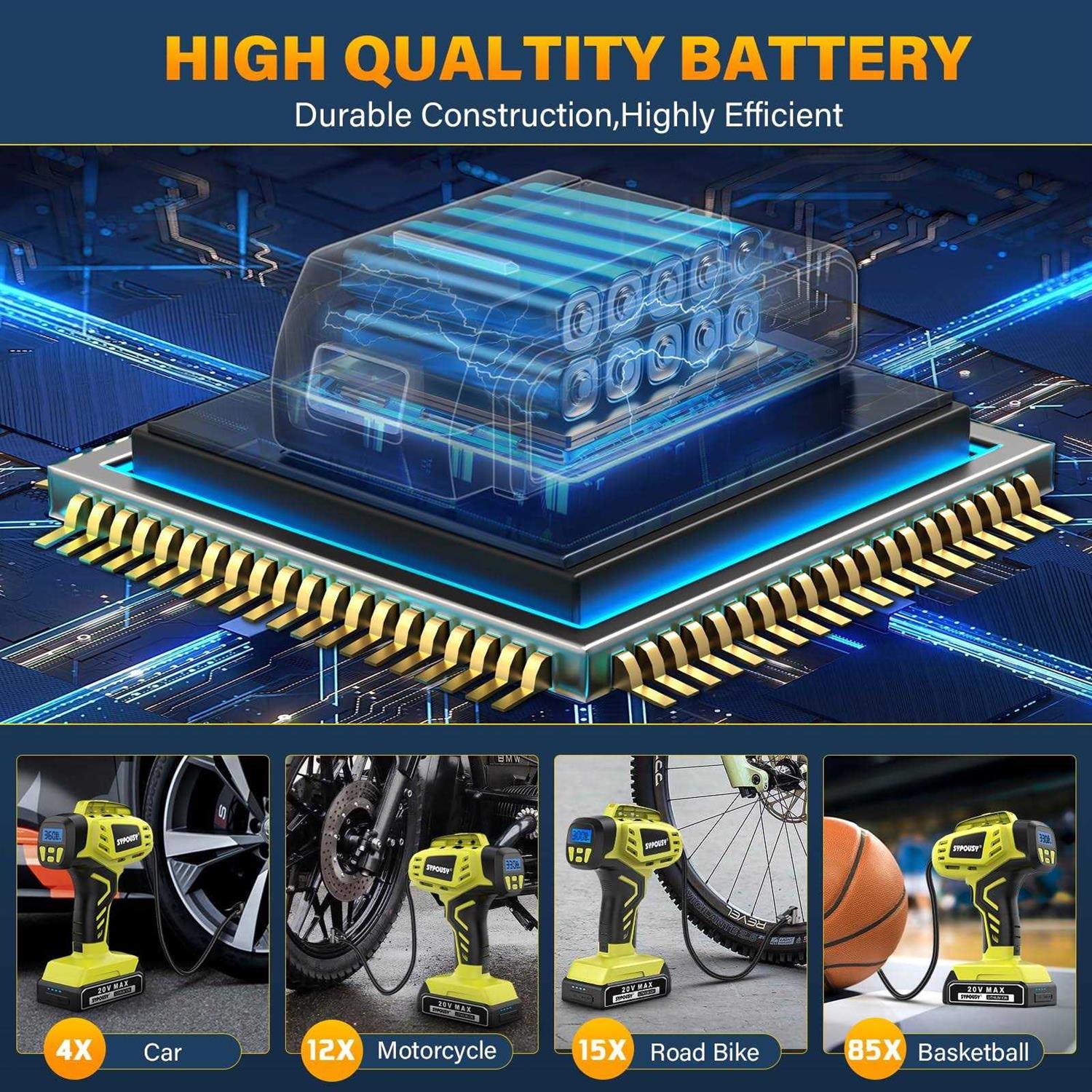 sypousy Tire Inflator Portable Air Compressor Cordless Tire Inflator Faster Tire Pump with 20V Rechargeable Battery,Dual Power Supply Modes - Image 4