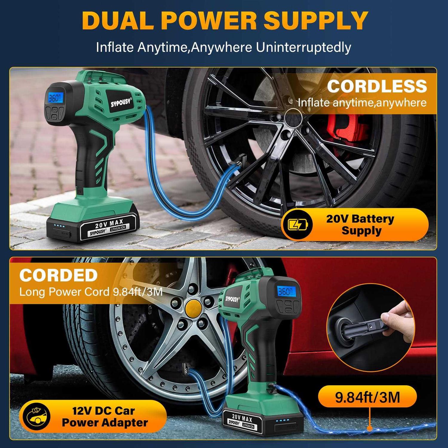 sypousy Tire Inflator Portable Air Compressor Cordless Tire Inflator Faster Tire Pump with 20V Rechargeable Battery,Dual Power Supply Modes - Image 4