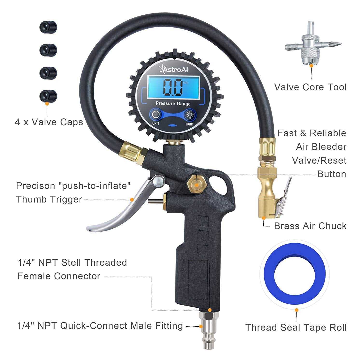AstroAI Digital Tire Pressure Gauge with Inflator 250 Psi Air Chuck & Compressor Accessories Heavy Duty with Quick Connect Coupler - Image 3