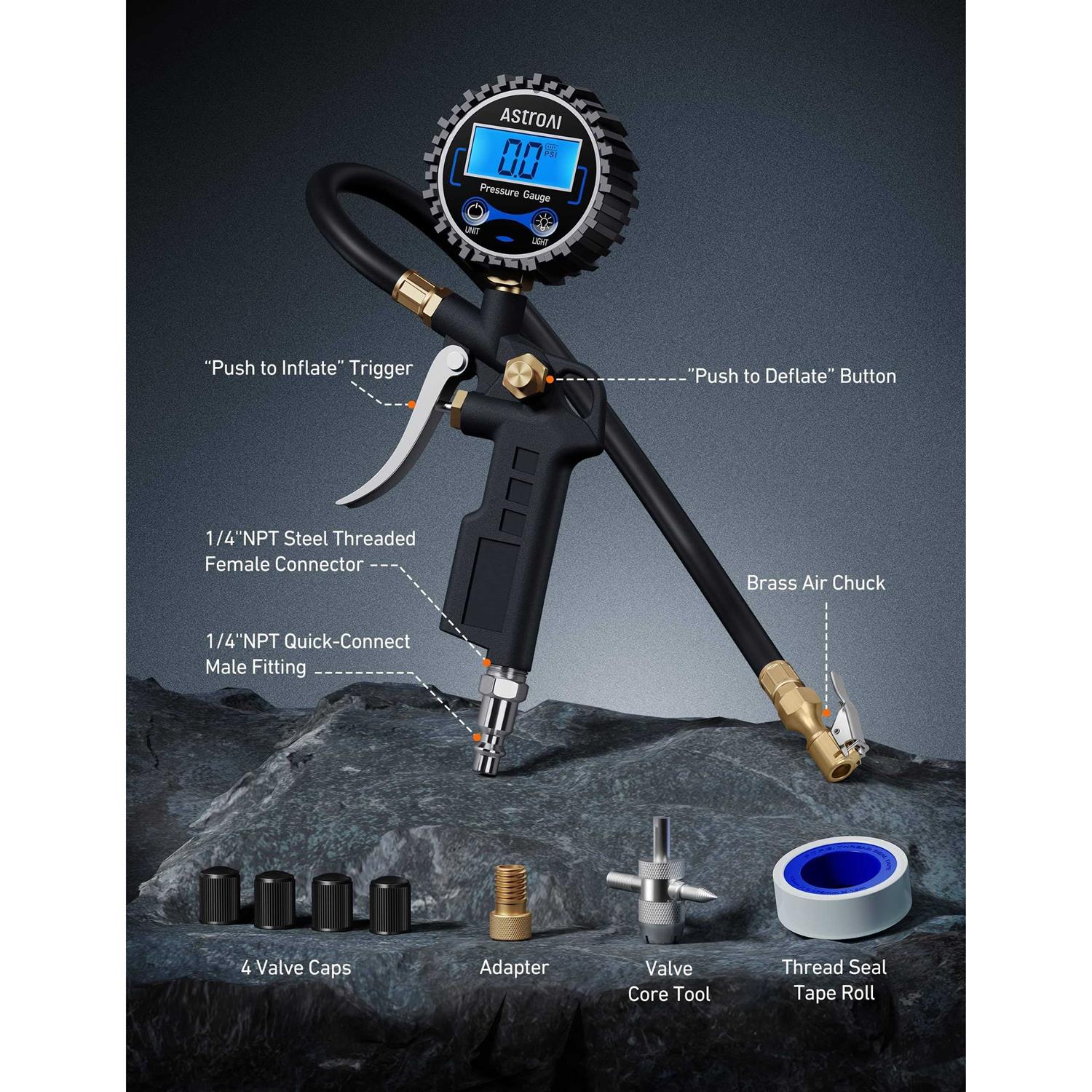 AstroAI Digital Tire Pressure Gauge with Inflator 250 Psi Air Chuck & Compressor Accessories Heavy Duty with Quick Connect Coupler - Image 5