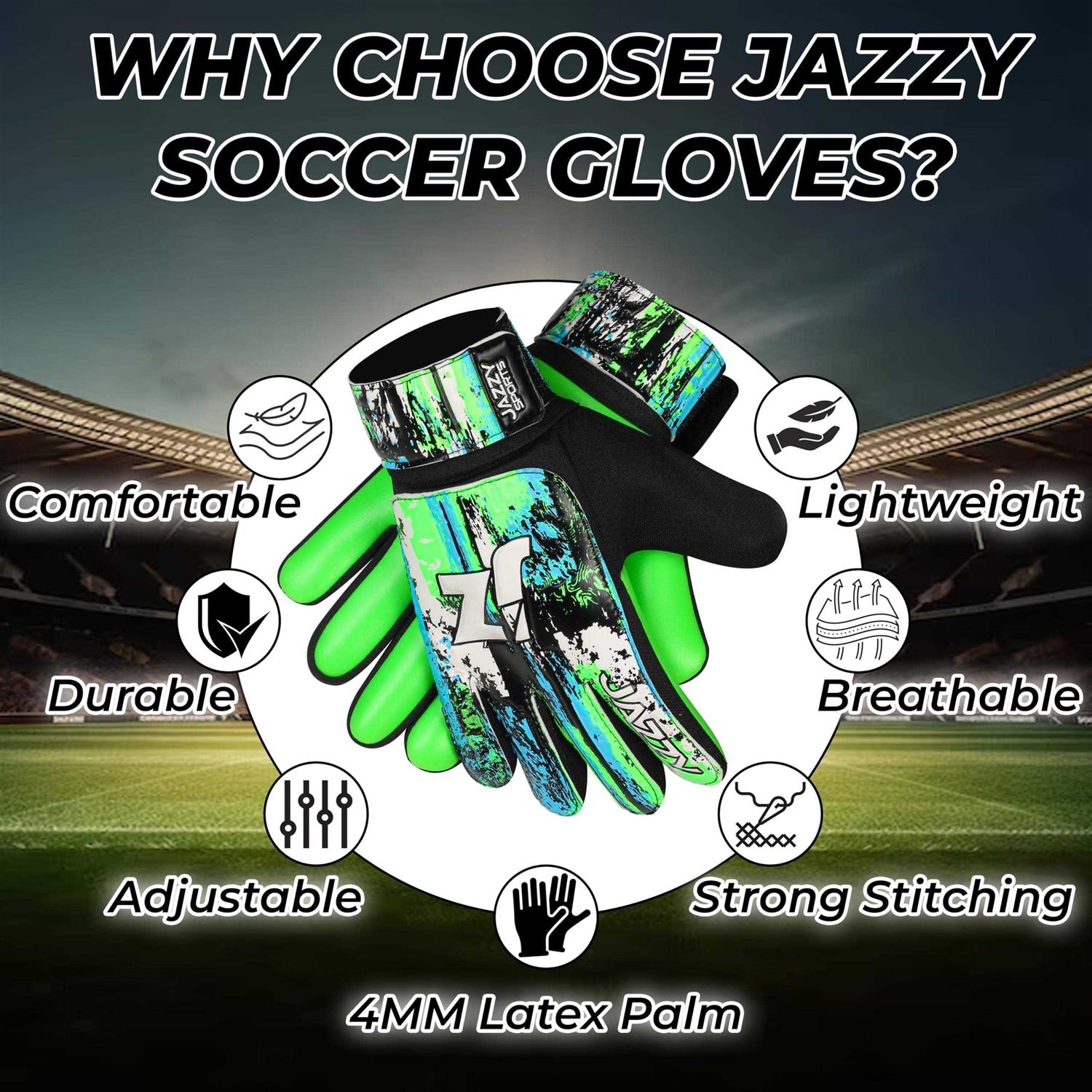 Jazzy Sports Soccer Goalkeeper Gloves for Kids Boys Children Youth Funky Football Goalie Gloves Anti Slip 4mm Latex Palm with Strong Grip & Doub - Image 4