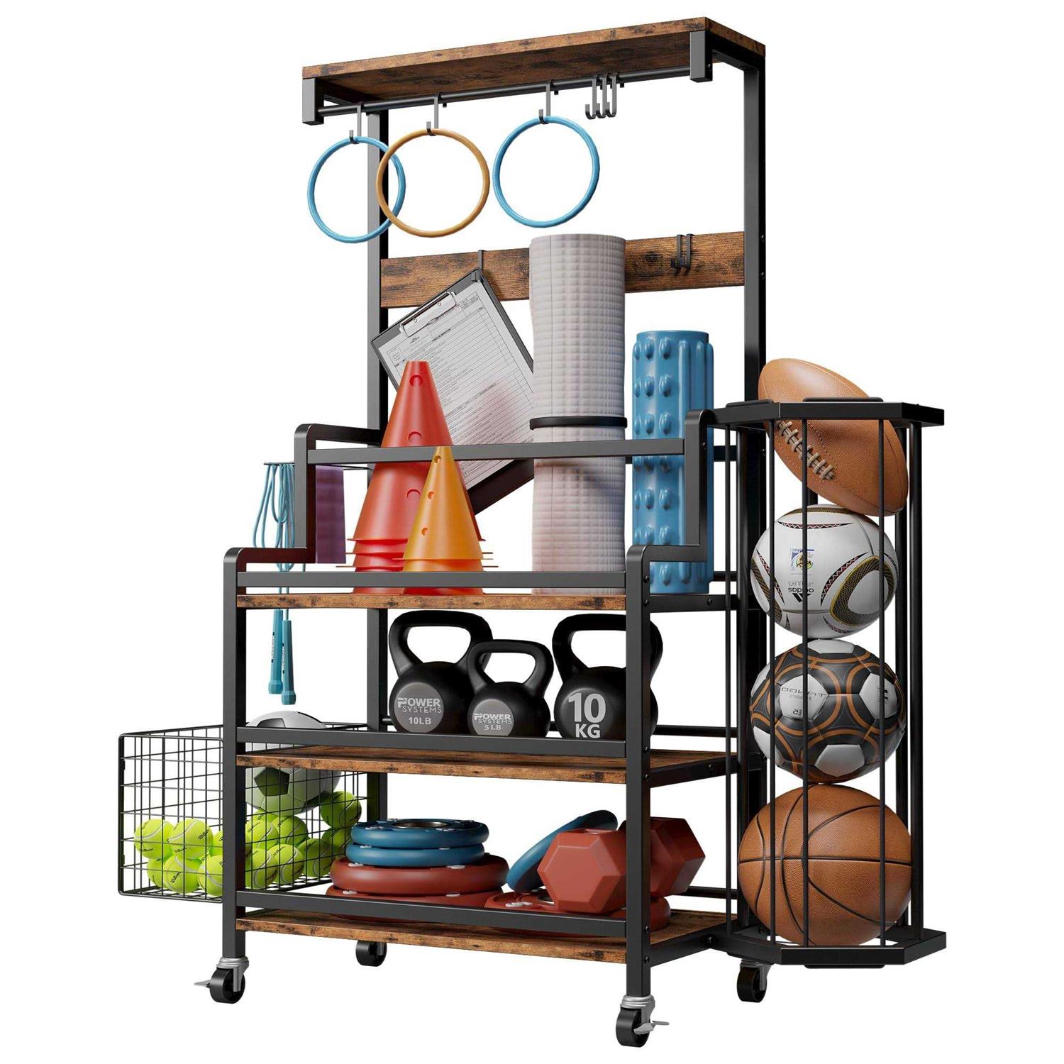 Ironck Dumbbell Rack with Ball Cage, Gym Storage for Kettlebells Yoga Mat, with Hooks and Wheels