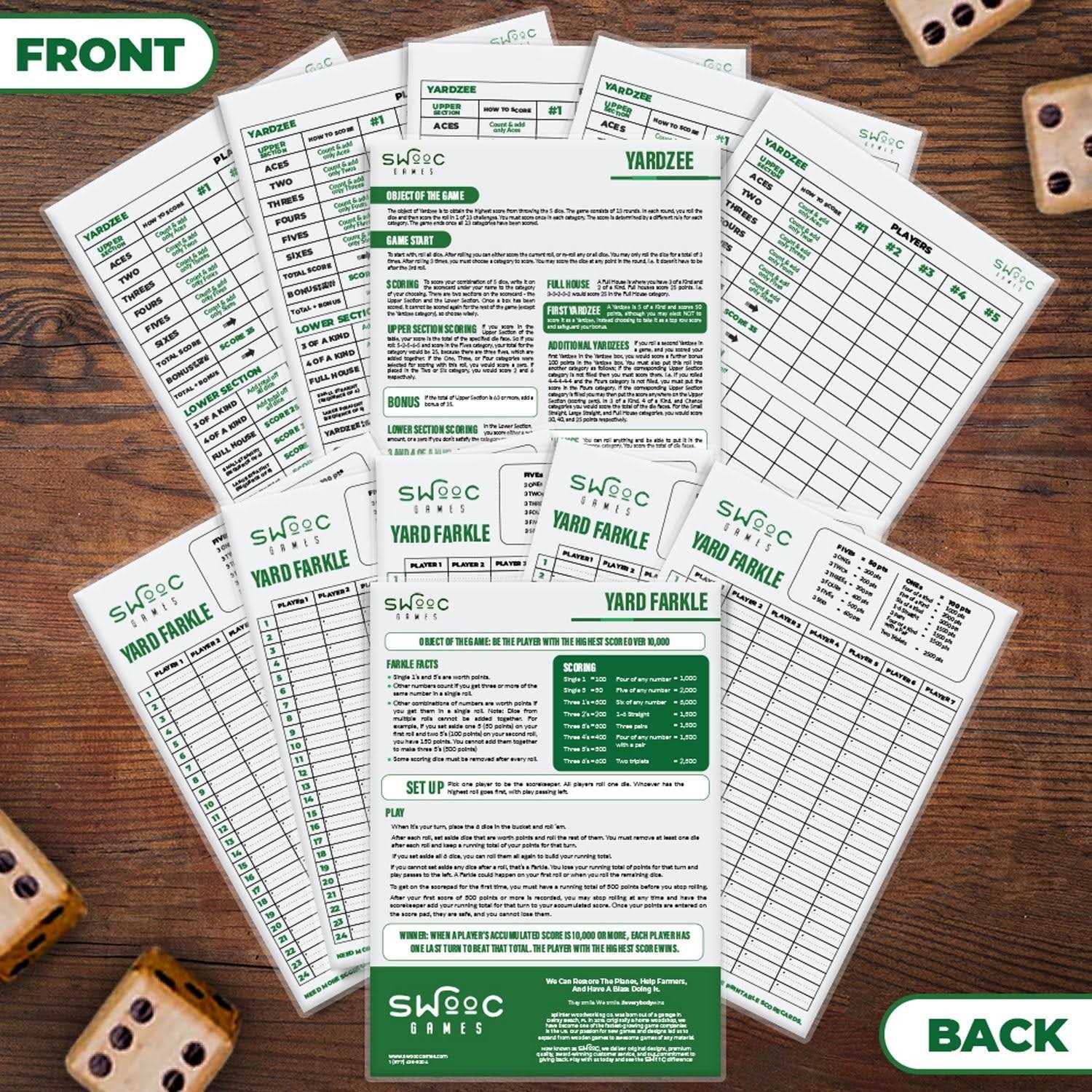 SWOOC Games 5 Big Laminated Yardzee & Farkle Score Cards with Rules - Image 5
