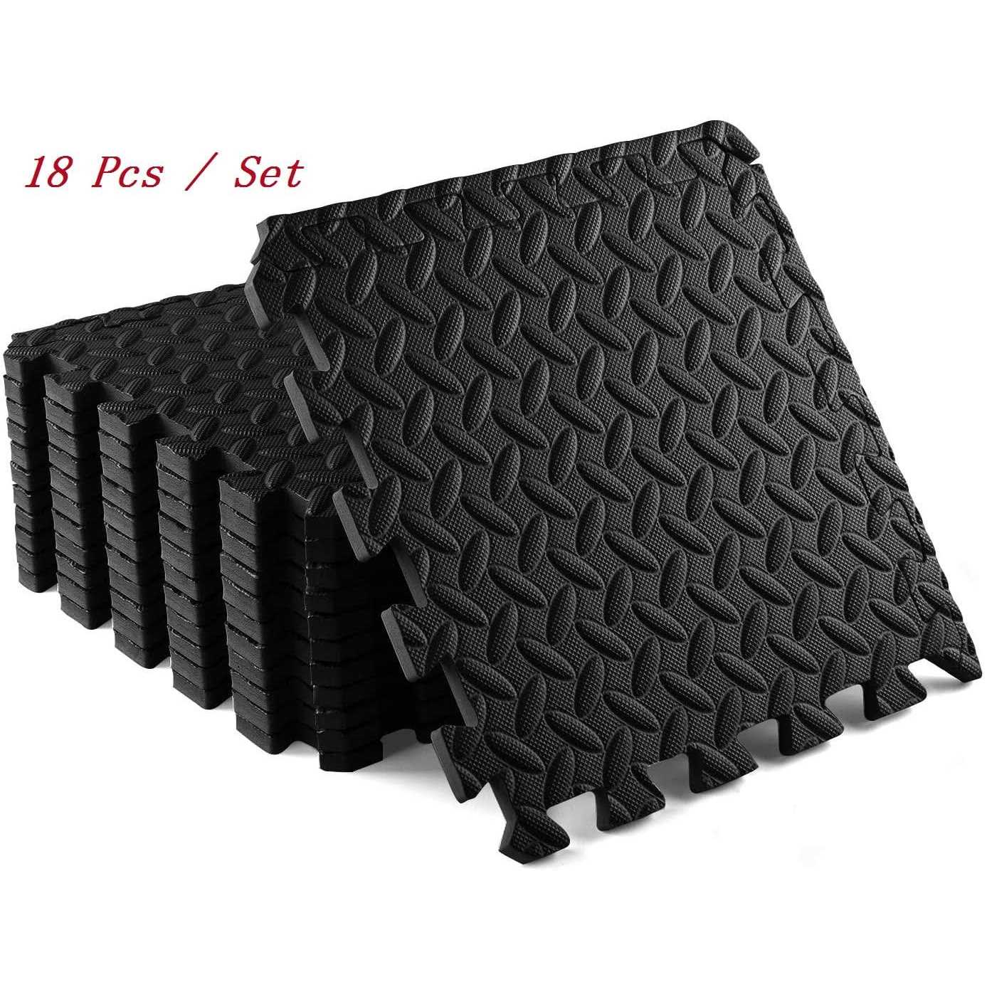 Interlocking Puzzle Mat 18 Pieces Fitness Gym Floor 12 inch x 12 inch x 3/8 inch Tiles Exercise Floor Mat for Yoga