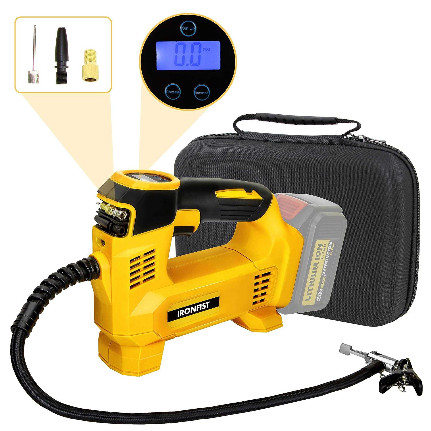 ironfist Tire Inflator for DeWalt Battery Portable Air Compressor for Car, Bicycle, Ball, 20V Auto Tire Pump with Digital Pressure Gauge (Tool Only,