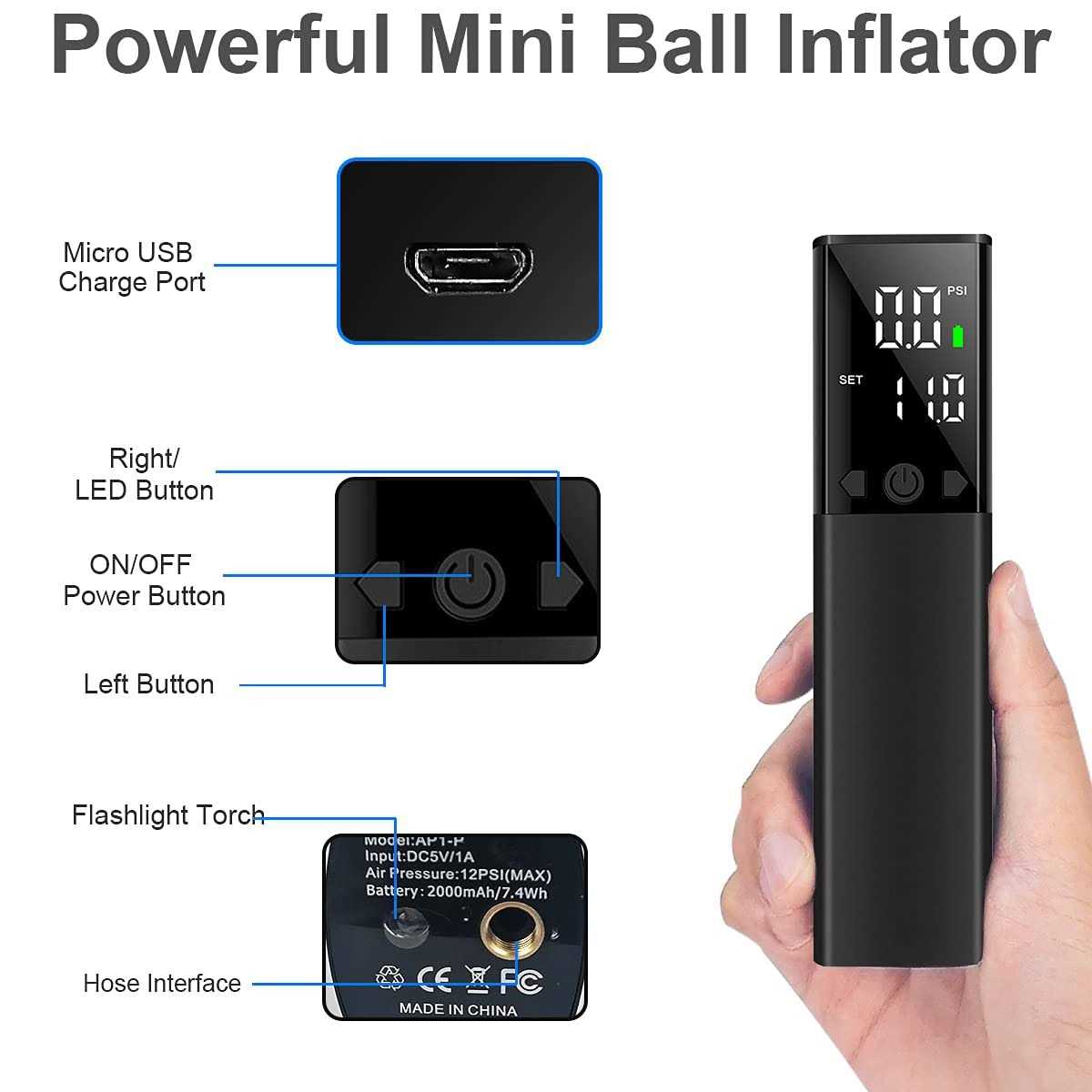 WEEFEESTAR Electric Ball Pump with Light Rechargeable Air Pump for Balls with 2 Needles & 1 Nozzle Fast Ball Inflator for Baske - Image 5