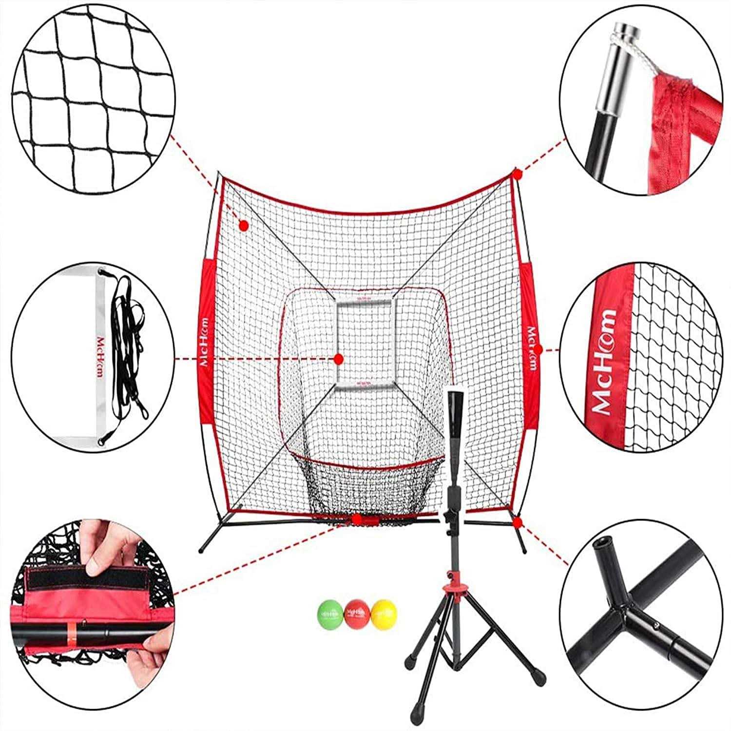 McHom 7' x 7' Baseball & Softball Practice Net Set with Travel Tee - Image 3