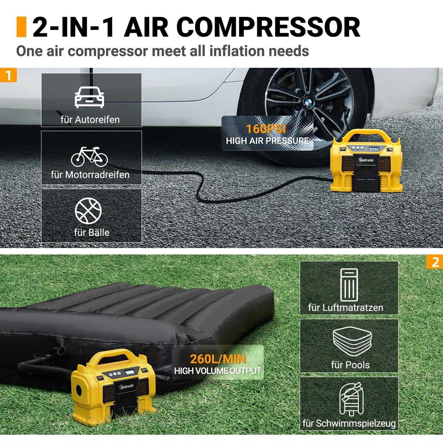 AstroAI Cordless Tire Inflator Air Compressor 160 PSI with Three Power Resources - Image 4