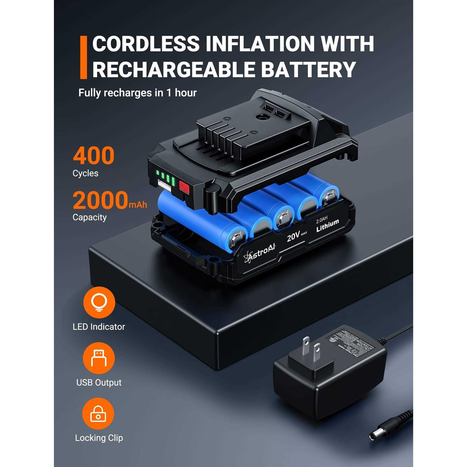 AstroAI Cordless Tire Inflator Air Compressor 160 PSI with Three Power Resources - Image 5