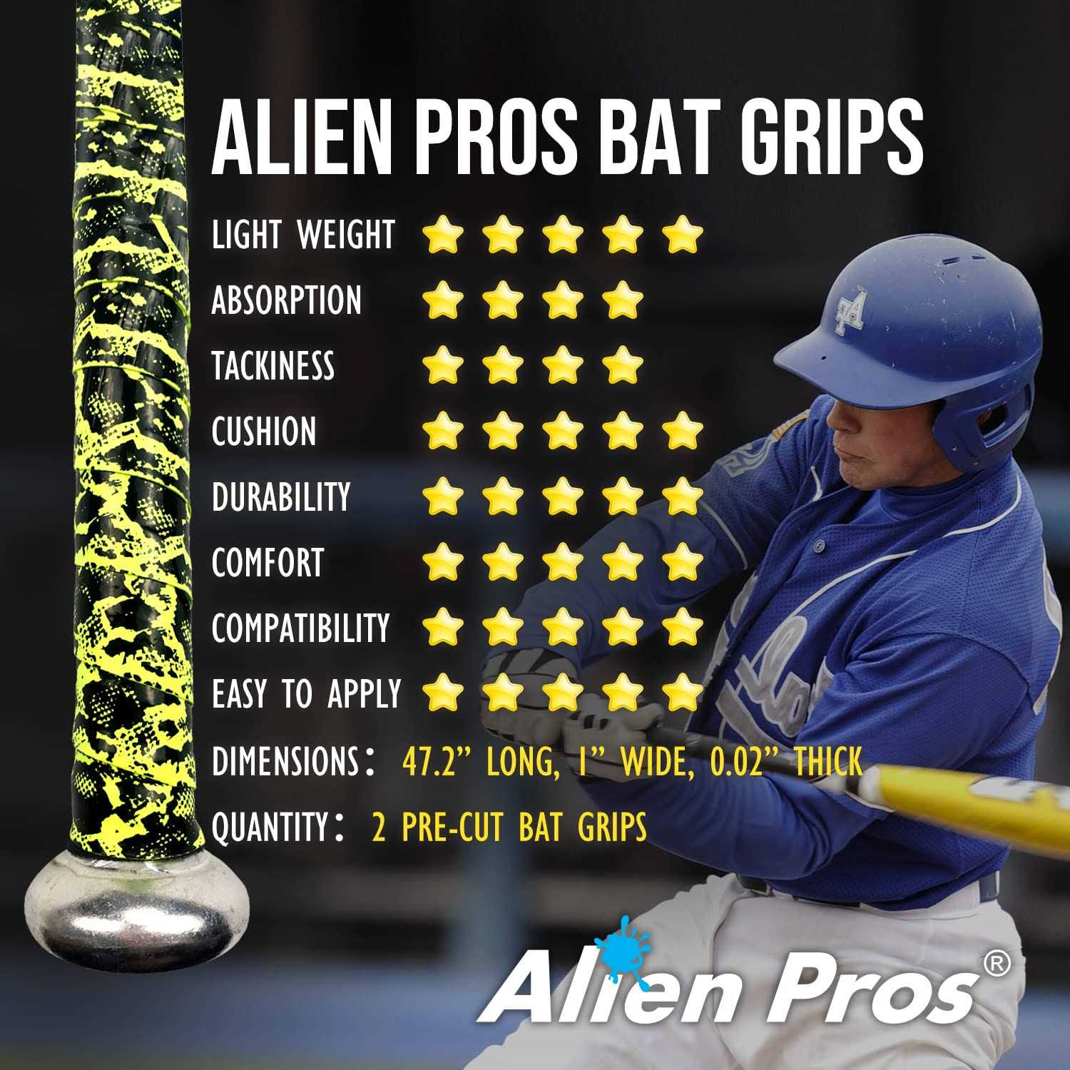 ALIEN PROS Bat Grip Tape for Baseball 0.5MM – Precut and Pro Feel Bat Tape – Replacement for Old Baseball Bat Grip – Wrap Your Bat - Image 4