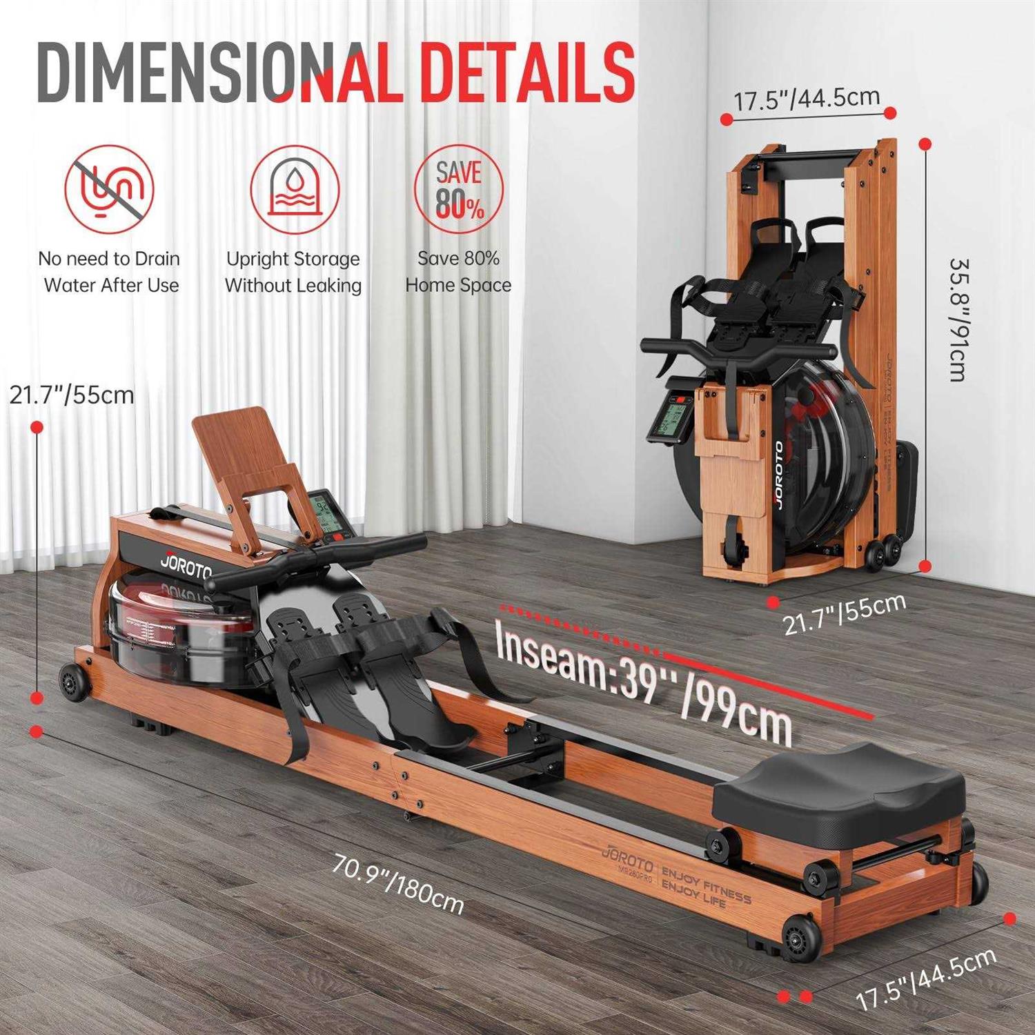 JOROTO Water Rowing Machine for Home Use Oak Wood Foldable Rower Machine 330lbs Weight Capacity with Bluetooth Monitor - Image 3