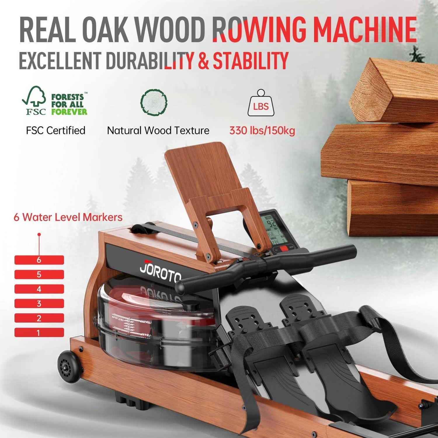 JOROTO Water Rowing Machine for Home Use Oak Wood Foldable Rower Machine 330lbs Weight Capacity with Bluetooth Monitor - Image 4