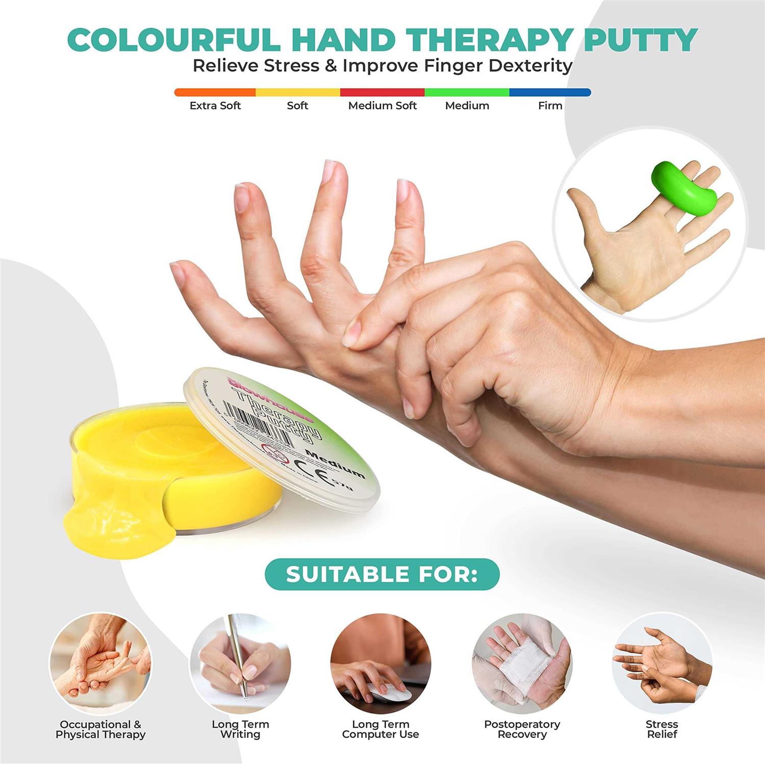 The Glowhouse Premium Set of 5 x Therapy Putty Squeezable Non-Toxic Hand Exercise Anti-Stress - Image 3