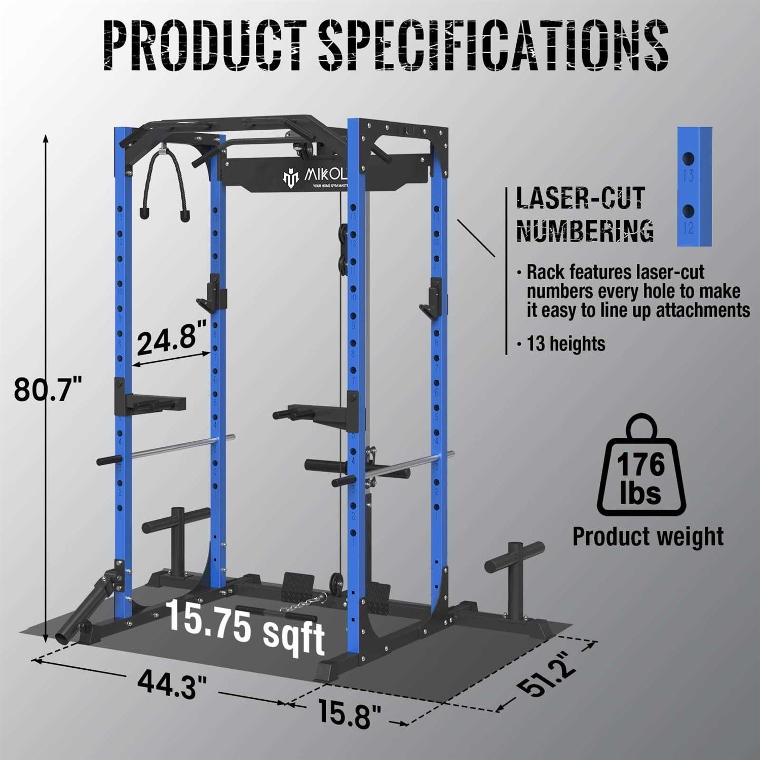 Mikolo Power Rack Cage with LAT Pulldown System,1200LBS Capacity Power Rack, Multi-Functional Squat Rack with 13-Level Adjustable Height and J-Hooks - Image 4
